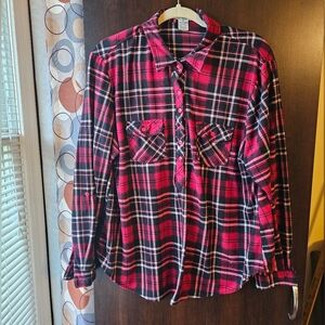 Red and Black Plaid 1/4 Button-Up Shirt